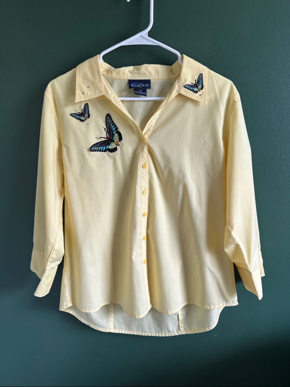 Vintage Las Olas Embroidered Butterfly Yellow Button Up Shirt Size Medium